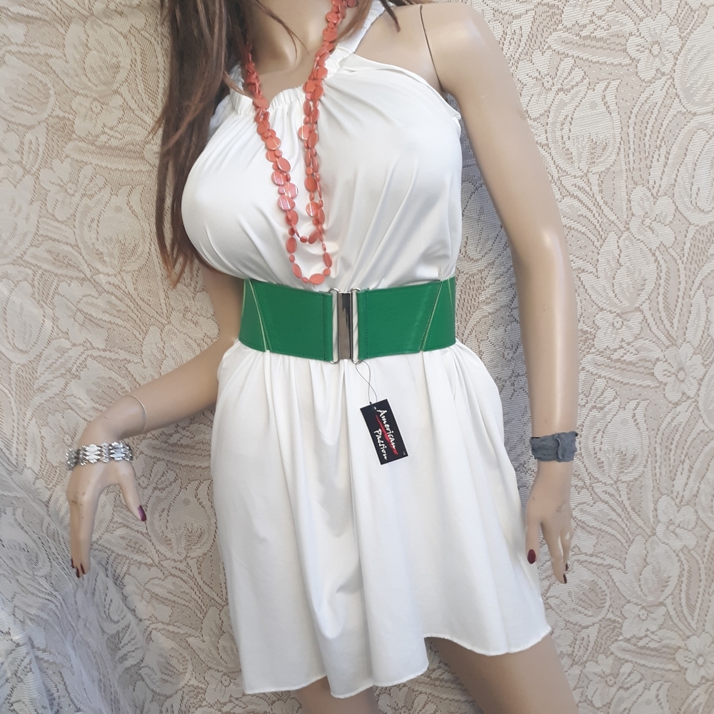 Green Elastic High Waist Cinch Belt Leather Look